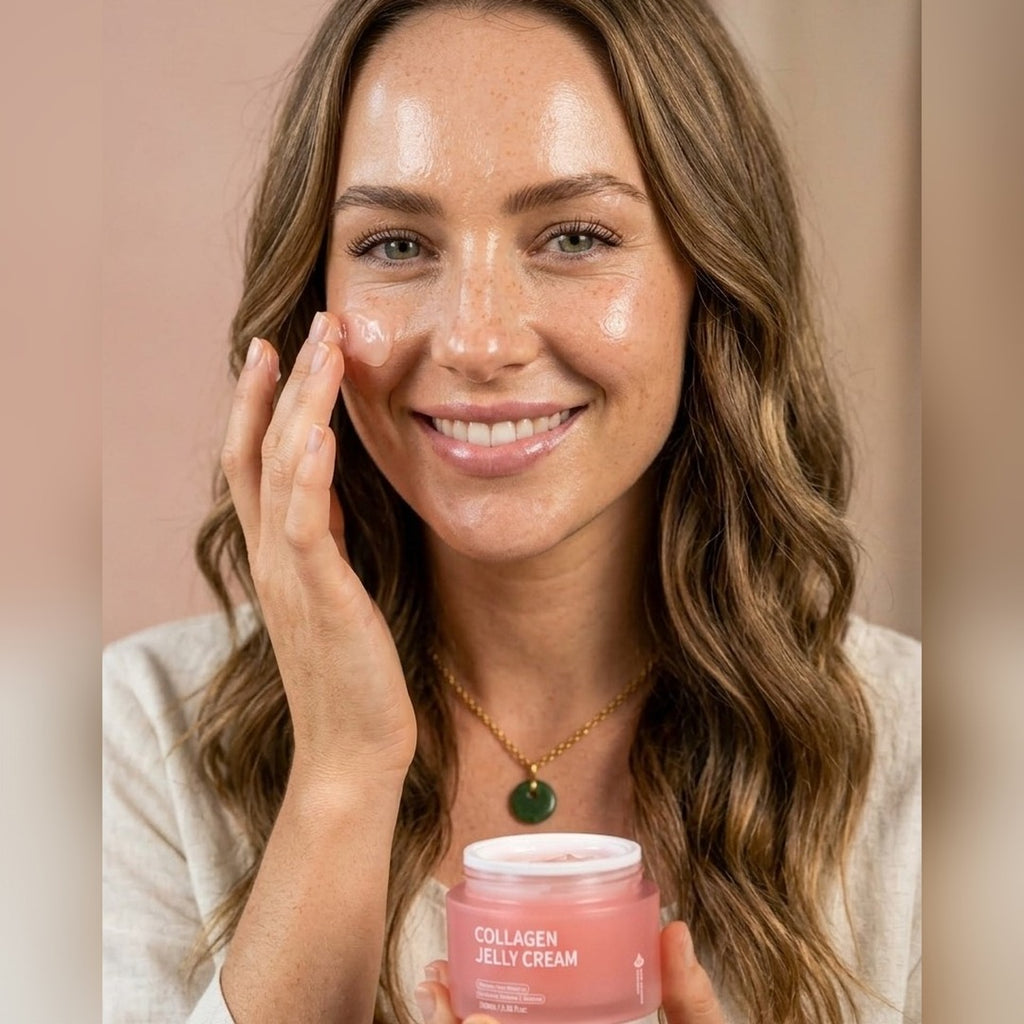 Woman applying the pink Collagen Jelly Cream