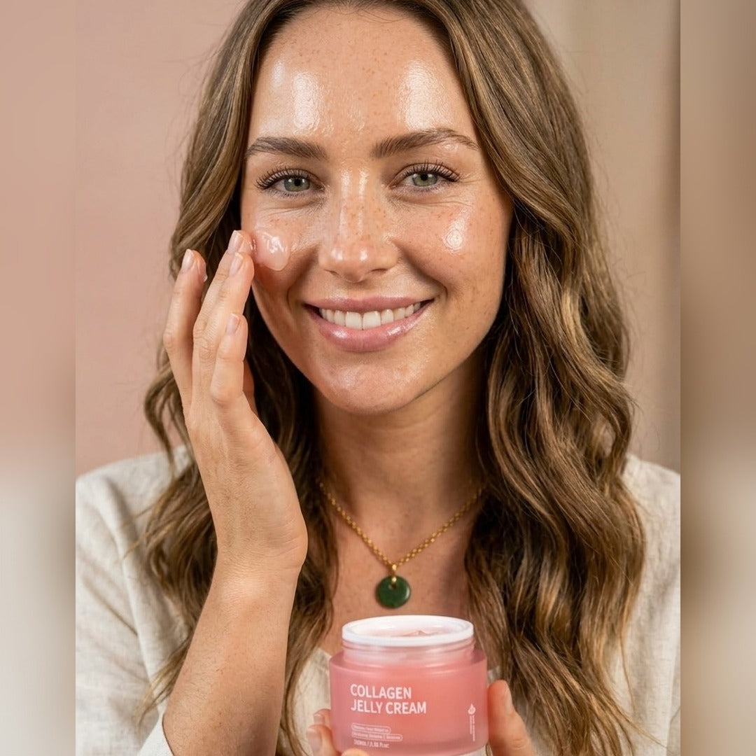 Woman applying the pink Collagen Jelly Cream
