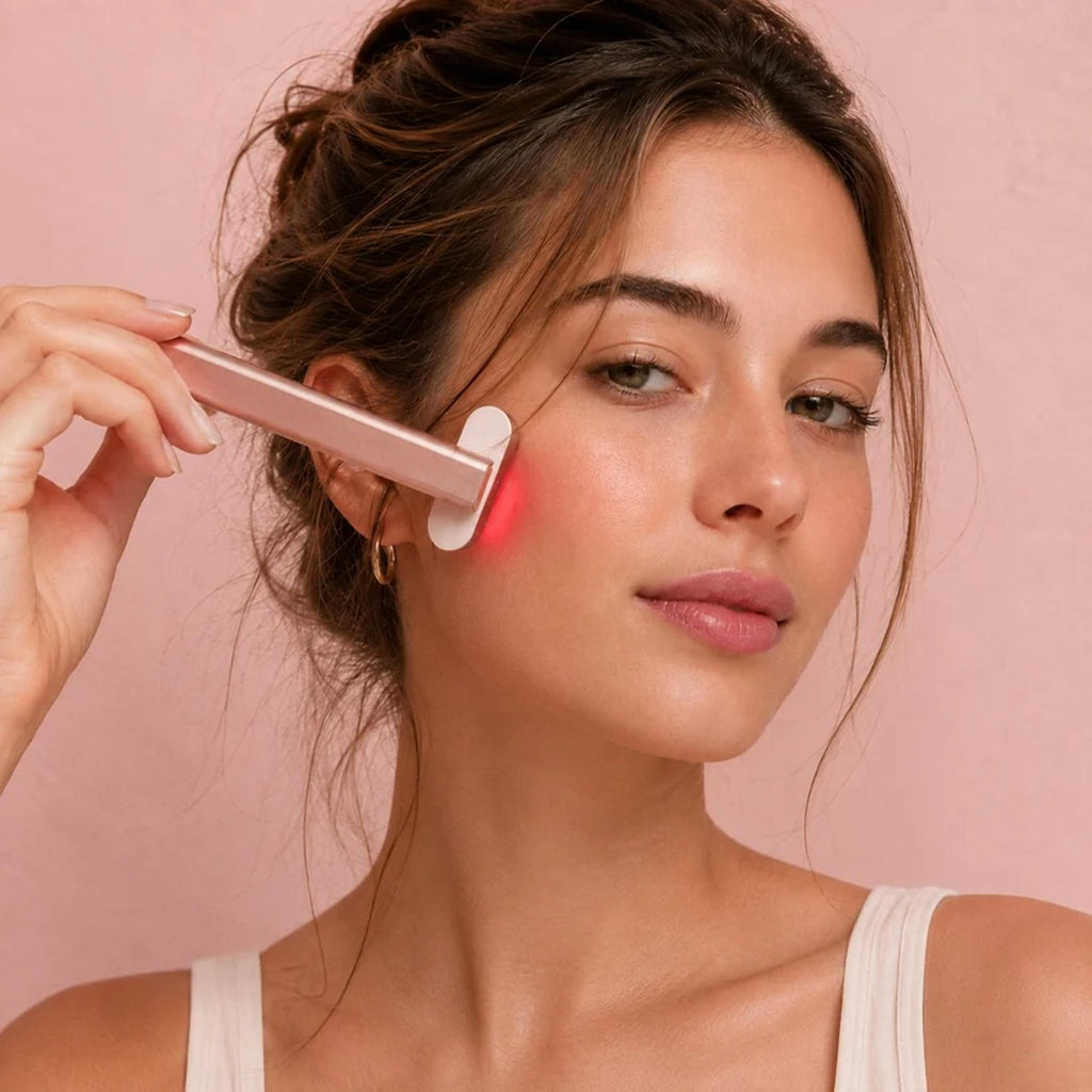 Woman using the Lumienne Glow Wand on her cheek